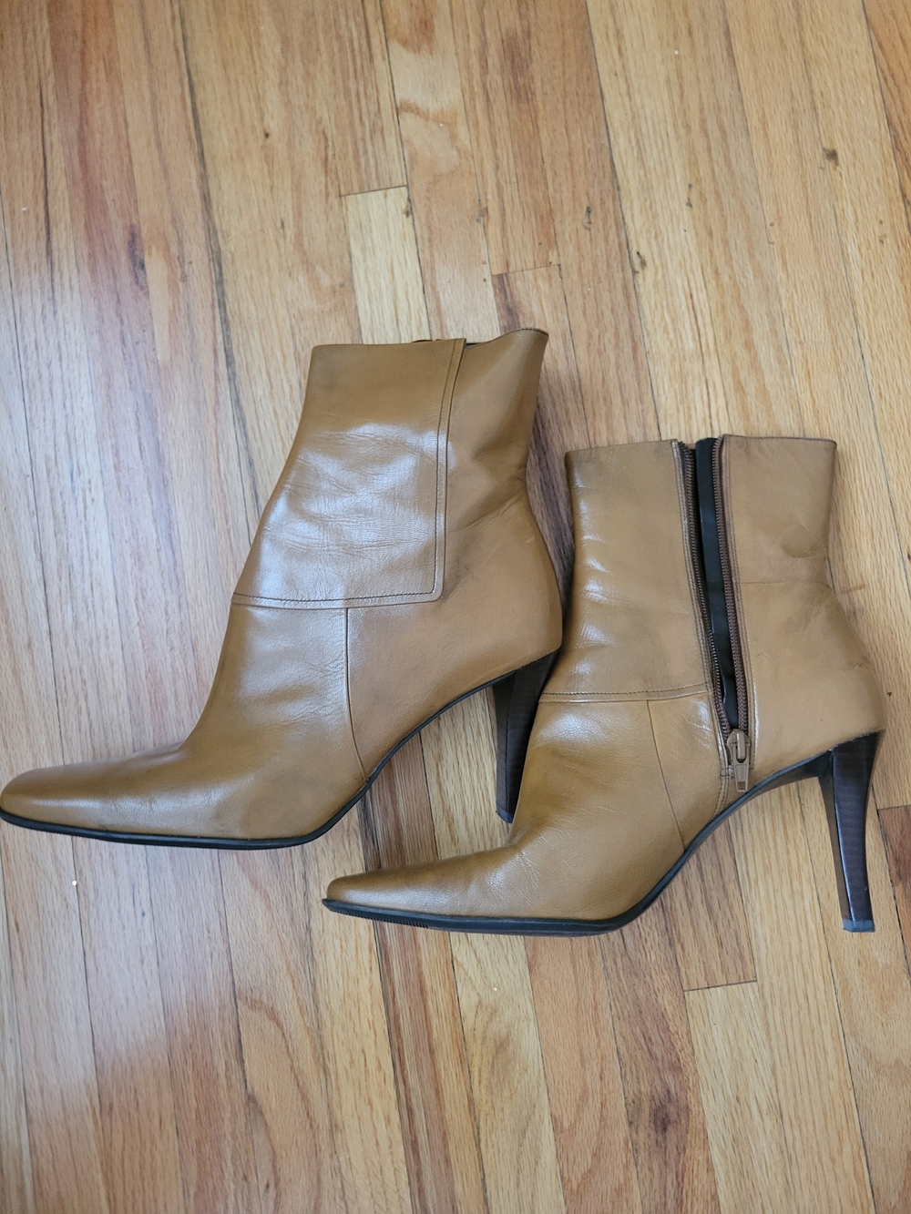 Nine West Camel Tan Leather Square-Toe Ankle Boots with Side Zip - Women